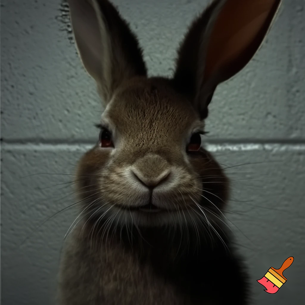 A european rabbit taking a mugshot looking sinister while having a smirk on his face