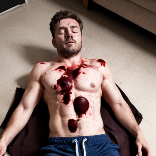 shirtless random man (neighbor, not everyone has 6 pack.), face are hiding by shirt, died already, chest are open wounded circle, blood everywhere, eye closed, floor (on random place like empty place) on corpse body.