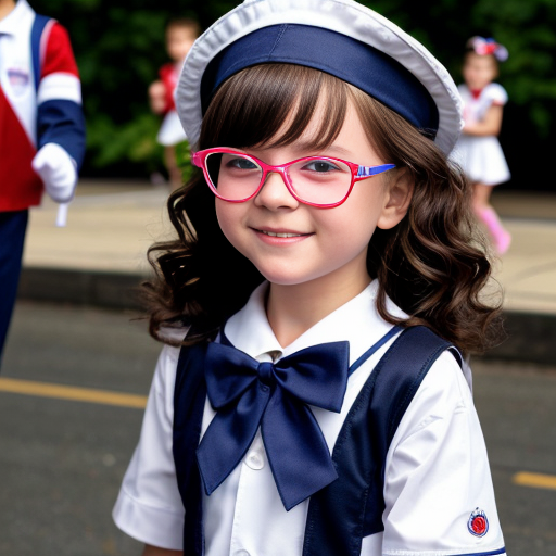 Cute adorable niña Chilindrina glasses con hair lazo curly con verano sailor uniforme escolar con zapatos negros escolar con calcetines blancos con sombrero sailor con grupal con caminar con desfile Estados Unidos América bandera con ciudad 68
