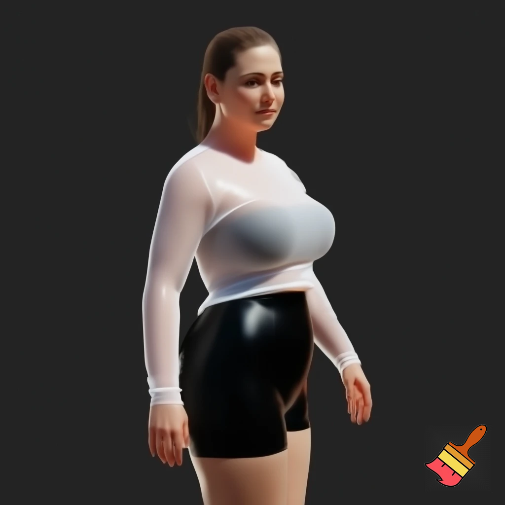 A beautiful, curvy adult woman, wearing a soaking wet, transparent white long-sleeved shirt and tight black shorts, has her hair tied back. Highly detailed and realistic, with a focus on the texture of the wet, translucent fabric and the sweat glistening on her curves. Photorealistic.