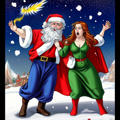 Színes, képregény-stílusú, szürreális jelenet: francia, flancos úrihölgy irigy és haragos, mikulás manó vöröshajú testvére mellett. Úrihölgy lopja Hermész szárnyas saruját az Olümposzról, idő száguld a végtelenbe, hóviharszerű harag, hatványozottan tündöklő tündér veszélyben. Túlzó arányok, humoros, dinamikus, kaotikus, élénk színek, szürreális képregény-hatás.”