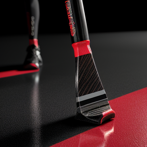 Hyper-realistic product render of a futuristic aggressive floorball stick called "RAGE STRIKE PRO". Matte deep black carbon fiber shaft with subtle carbon weave texture. Blood-red torn streak graphics running diagonally along the shaft. Glossy burn gradient near the blade fading from dark red to black. Black and red textured grip wrap. Aggressive concave blade with closed toe, reinforced heel construction. Dark studio background, dramatic red rim lighting, high contrast, premium sports advertisement style, ultra-detailed, 8K, sharp focus, no people.