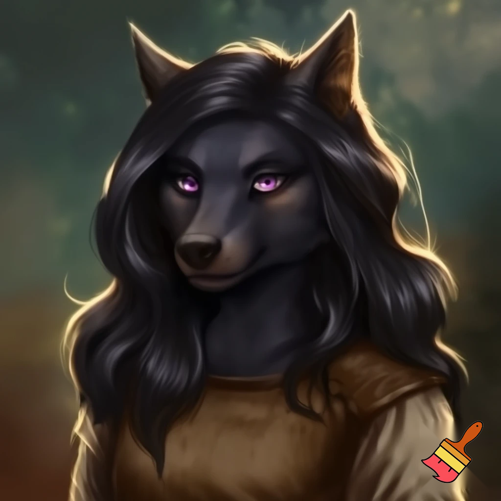 Anthro female black wolf with long pretty black hair and purple eyes, wearing a brown medieval shirt