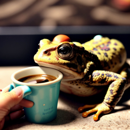 A hillarious, funny boho toad with some hippie colored coffee cups. Psychedelic decorated background, hyperrealistic. Close-up view.