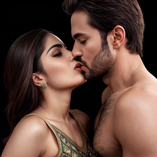 A adult girl wear shalwar kamiz with adult boy without shirt kissing 