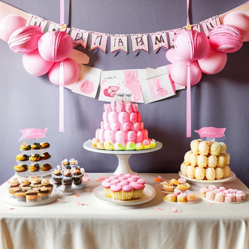 Spring-themed dessert table celebrating the new semester, cherry blossom decorations, pastel pink and white colors, cute cakes, macarons, cupcakes, sakura petals scattered, soft ambient sunlight, cozy and charming, artistic illustration, whimsical and detailed, crayon and pastel texture style