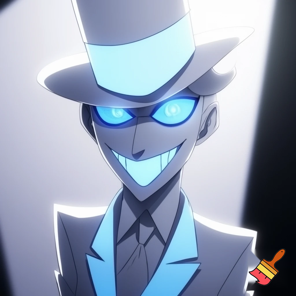 alastor wearing a white tophat with light graident, his suit is white and with light blue graident, his eyes are blue, his skin is white, and his teeth is bright light blue. anime style