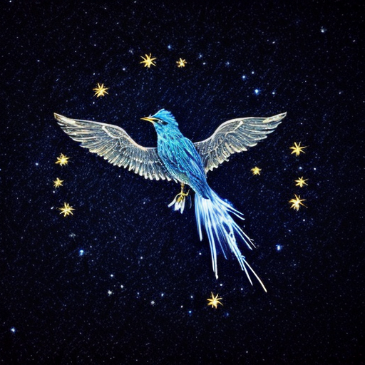 a magical spirit blue bird phoenix glowing and  transparent like smoke with a black starry night sky background