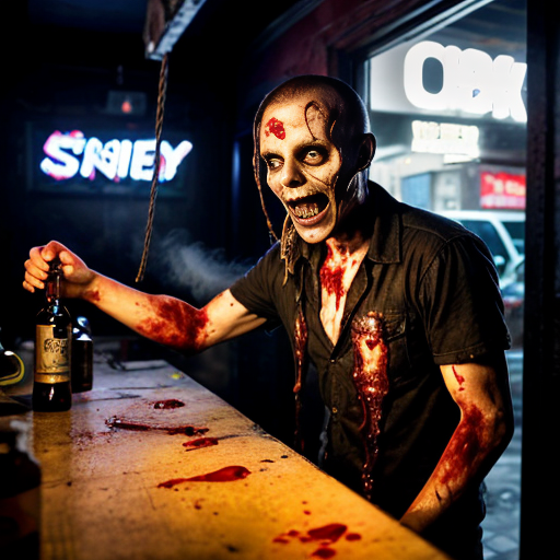 a dimly lit, smoke-choked dive bar plunged into chaos as rotting, Fulci-style zombies burst through the shattered front door and windows. Their decayed faces glisten with wet, stringy gore, eyeballs milky-white or dangling from sockets, as they lurch forward with grotesque hunger. A bartender’s head is halfway torn off, arterial spray arcing across the neon beer signs, while a patron screams mid-bite, intestines spilling from a zombie’s fist like wet rope. Glass shards and broken stools litter the sticky floor, now slick with blood and spilled liquor. One zombie’s jaw hangs by a tendon, its teeth buried in a biker’s neck as he futilely tries to shove it off, his fingers sinking into its putrid flesh. The lighting—sickly green and flickering—casts everything in a nightmarish glow, amplifying the visceral horror of entrails, shattered teeth, and the gleam of exposed bone