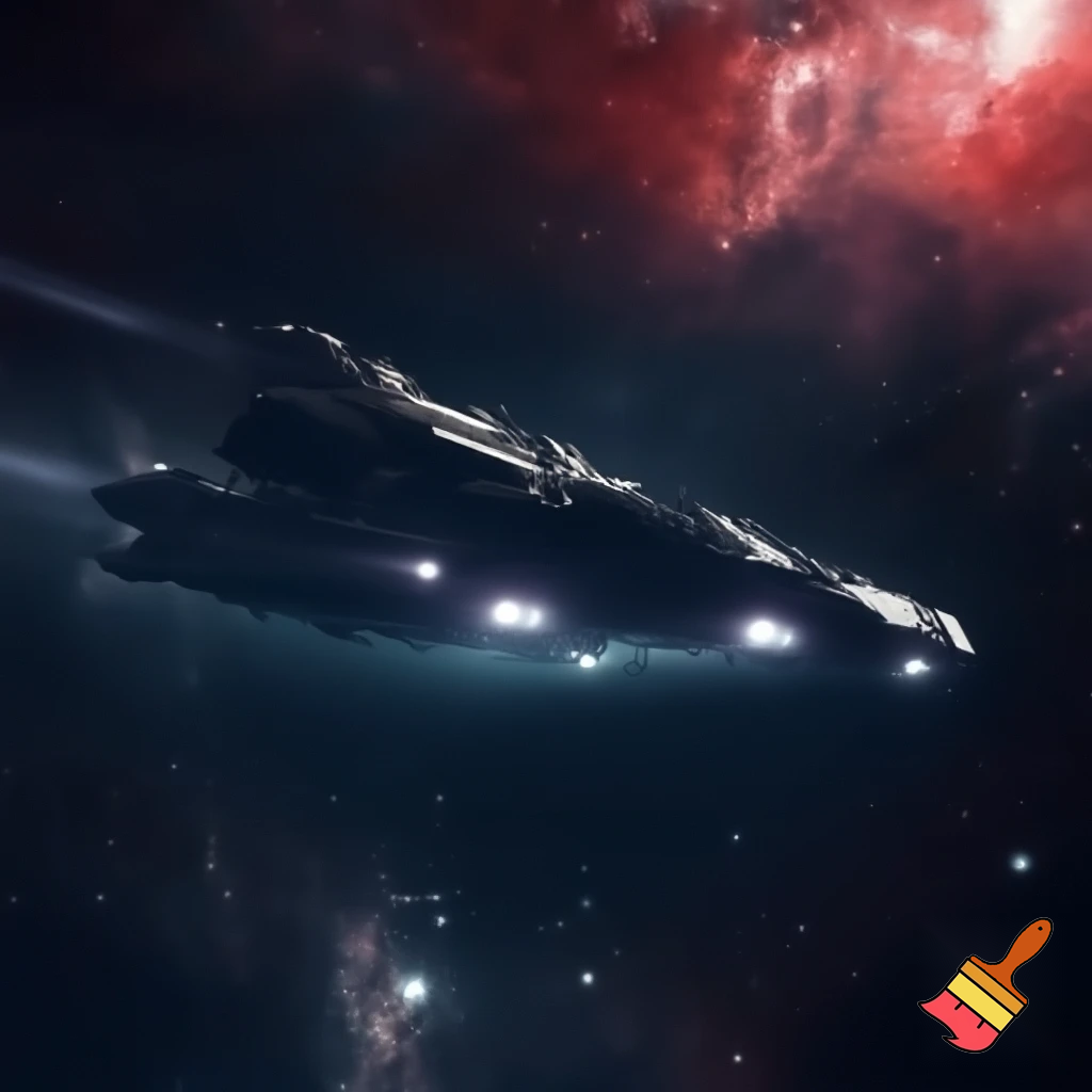 spaceship, seen from afar, crossing space full of red and white stars