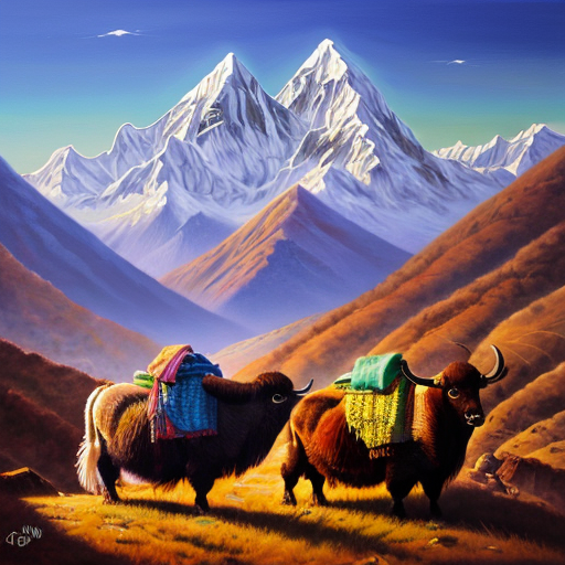 “A realistic painting of the Nepal Himalayas, featuring a yak and chyangba in traditional style, vivid colors, sunlight highlighting the mountains, ultra-detailed, 100% hand-painted look, professional digital painting style