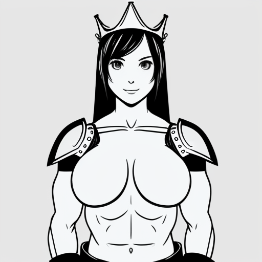 cute anime girl, huge muscles, she is a knight, she wears metal gauntlets, metal greaves and shoulder pads, she has a breastplate, her defined abs are exposed as well her upper arms, she has a tiara that has crown features

