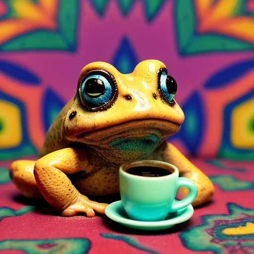 A hillarious, funny boho toad with some hippie colored coffee cups. Psychedelic decorated background, hyperrealistic. Close-up view.
