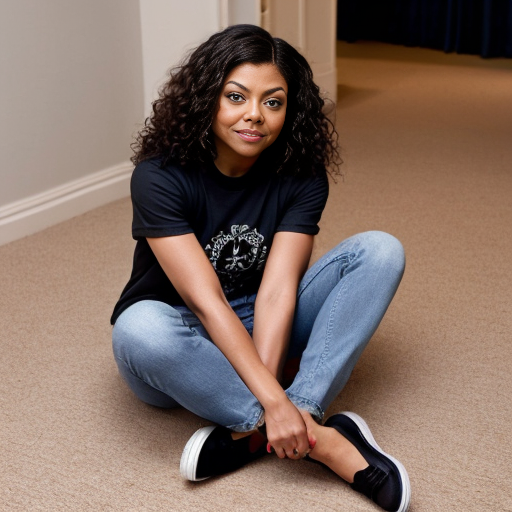 Taraji P. Henson long brown curly hair black t-shirt under t-shirt and blue jeans black toes shoes out 