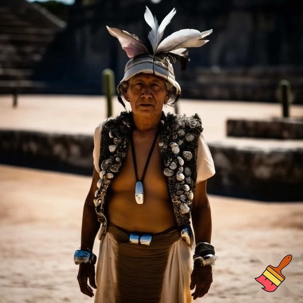 Ancient aztec person in a fisherman costume not fishing