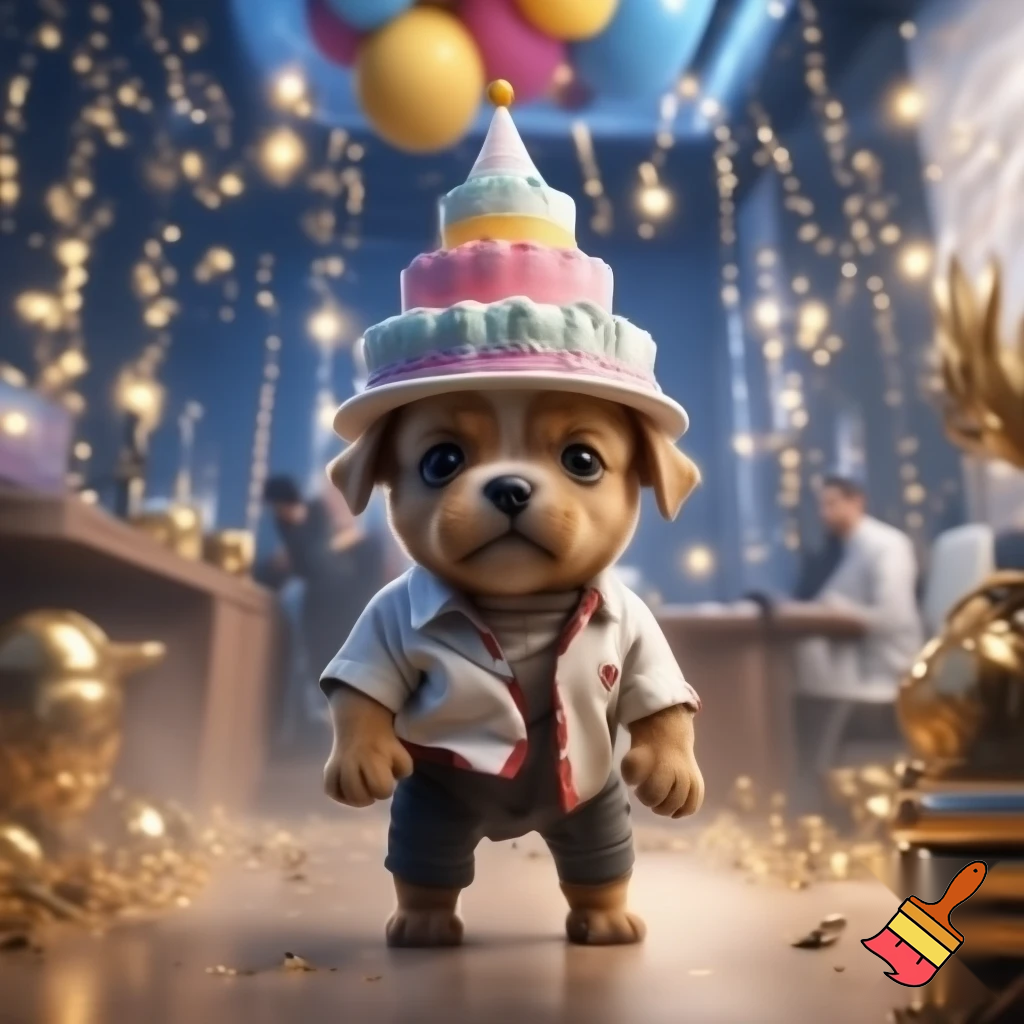 "A tiny, cute, small light-brown baby puppy standing inside a large luxurious modern office filled with many people. The puppy looks very shy. He is wearing a dirty and torn white shirt with red outline and a half-dirty black pant. The office is decorated for a birthday party — balloons, fairy lights, shiny golden décor. The puppy is carrying a huge triple-layer cake on his head, struggling to balance it. Cinematic soft lighting, realistic 3D style, emotional atmosphere, people in the background staring."