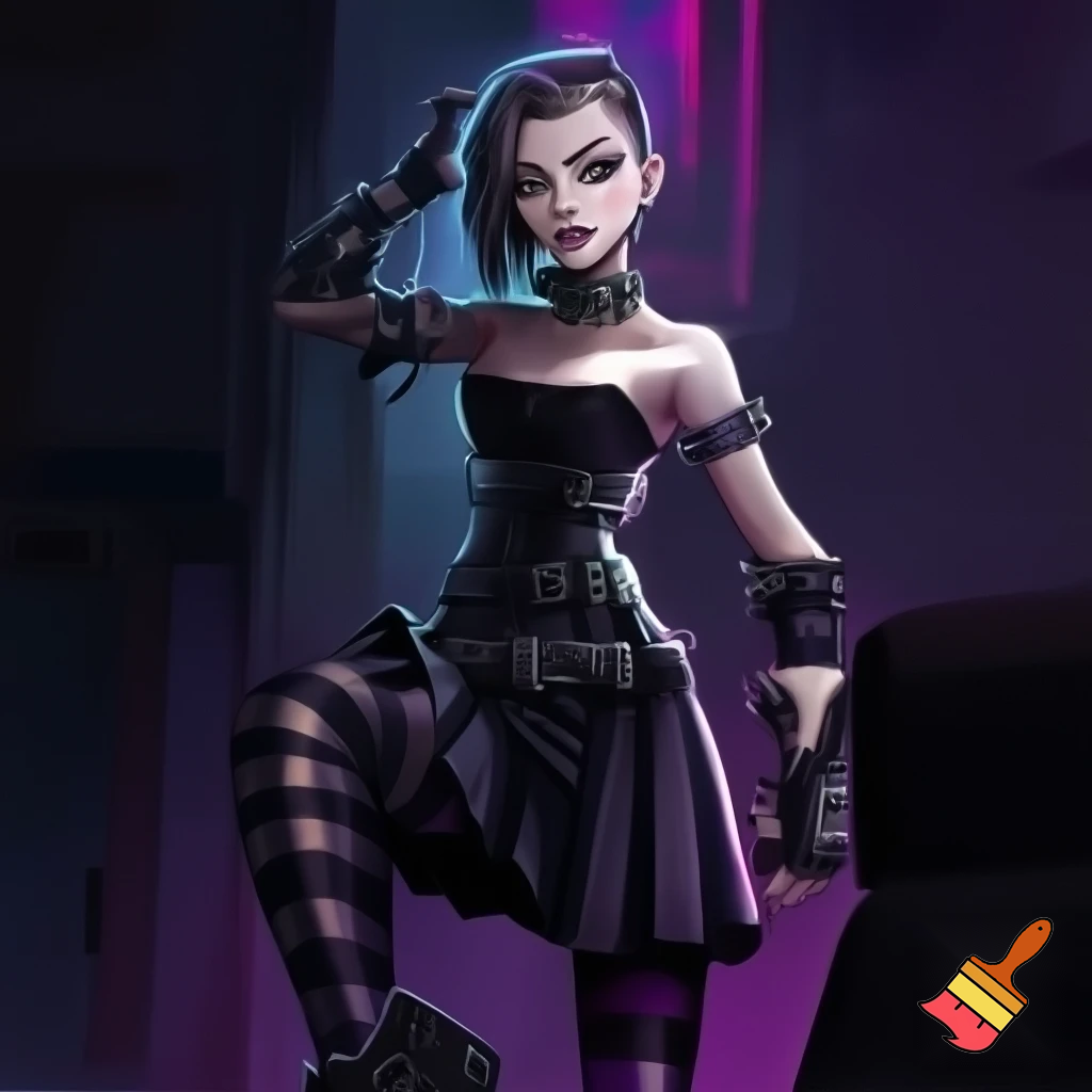 Attractive woman with an undercut and bold makeup wearing a spiked collar, buckle arm warmers, a corset, a body belt, a pleated skirt, vertical striped stockings and platform boots 