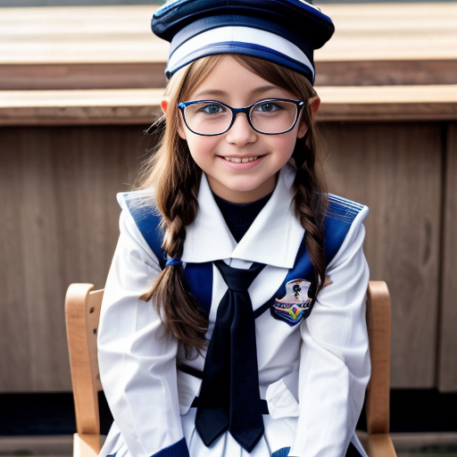 Cute adorable niña Chilindrina glasses con hair lazo con verano sailor uniforme escolar con zapatos negros escolar con calcetines blancos con sombrero sailor con silla con colegio católico con foto grupal 4