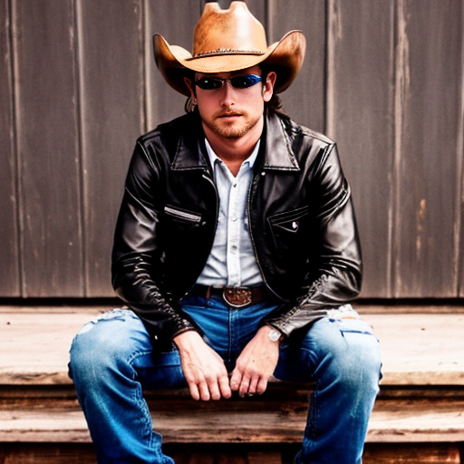 Show me a picture of a country punk cowboy wearing a black cowboy hat a black leather jacket and a red plaid flannel under the leather jacket with ripped blue jeans and a black skull shirt and tan cowboy boots and a tan leather belt and regular eye glasses