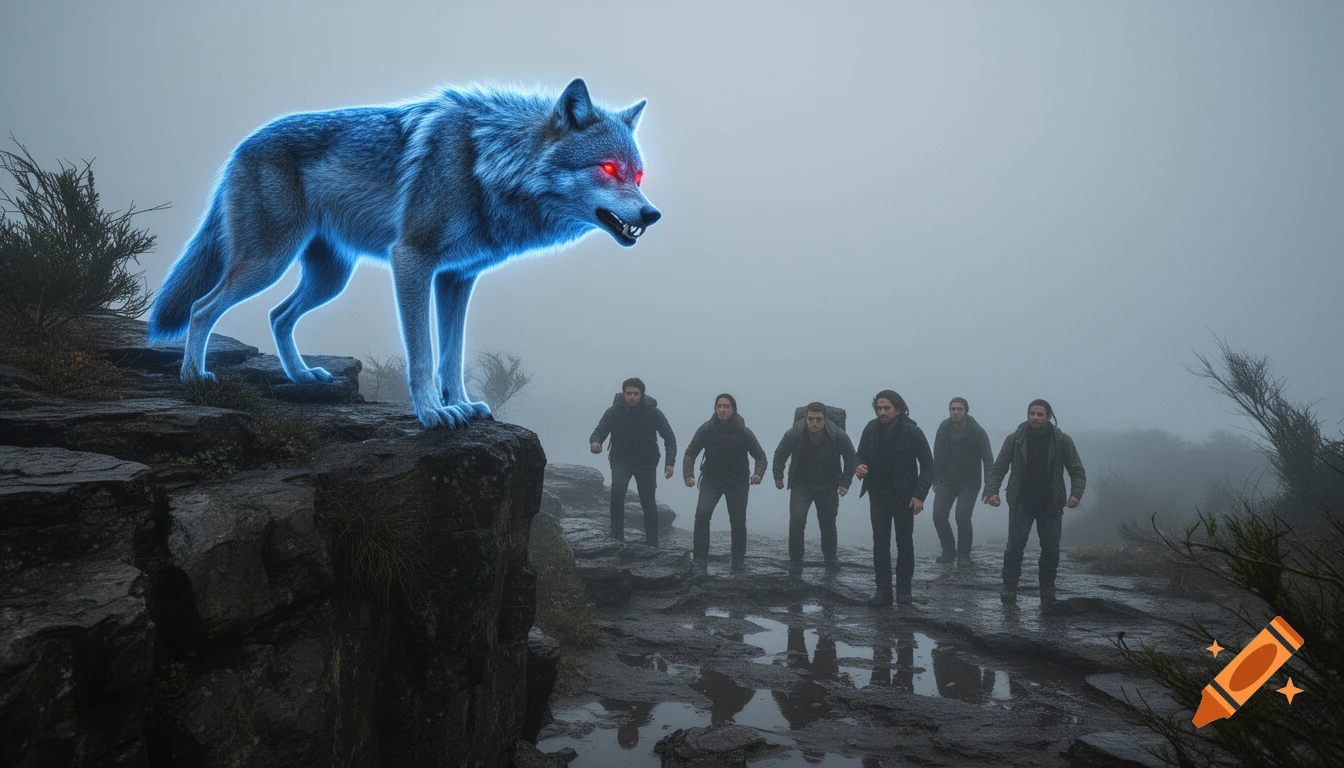 A wolf with glowing blue fur, glowing red eyes and gleaming fangs. The wolf is on the end of a rocky cliff with people coming towards him