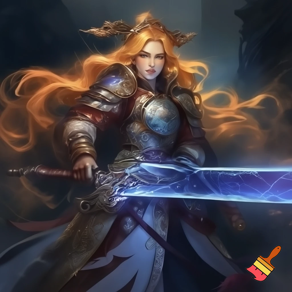 Golden orange crusader princess. Chinese style armor. Dynamic stance. Glowing blue sword. High quality. In the style of dungeons and dragons.
