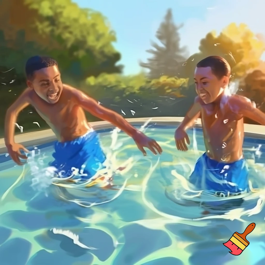 A cheerful 12-year-old teenage sister wears the same boys' swimsuit as her equally cheerful and amused 13-year-old teenage brother, and they both play in it together.