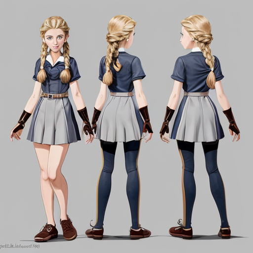 Create an original female character in a vibrant, cartoon style, designed as a professional concept art reference sheet. Include multiple angles: front, back, and 3/4 views, as well as expressive poses showing movement and emotion. Present clean, crisp linework with polished shading and vibrant colors, ensuring each part of the character’s design is clearly visible. Include close-ups of key details such as clothing patterns, accessories, and hair, while keeping proportions stylized but consistent. The composition should resemble a high-quality character reference sheet used in animation or game design, with neat annotations or visual notes showing design elements, color palette swatches, and small accessory details. Lighting should be soft and even to showcase the design clearly, and the overall layout should feel professional, organized, and visually appealing, female, blonde blue and golden translucide extremely glowing hair, wavy long hair, school uniform. Pale skin, tall and slim, elegant tied hair with Braids, sword