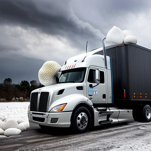 Semi-truck crushed with giant hailstones on top of it