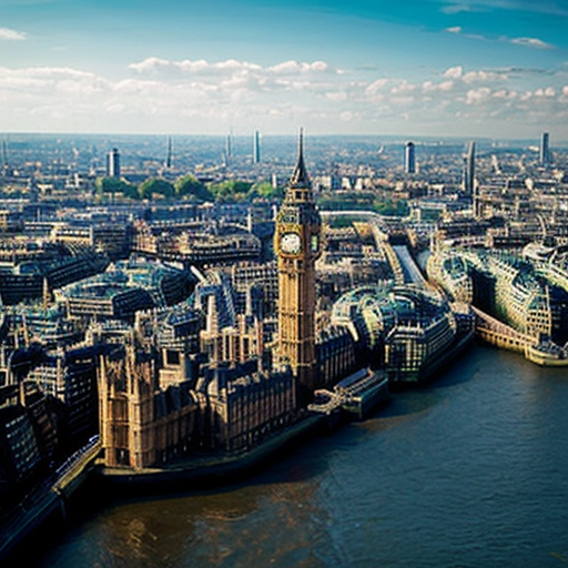 Aerial view of British and English city of London with Palace of Westminster, Big Ben, River Thames, sci-fi futuristic buildings, sci-fi futuristic skyscrapers and blue sky in 2625.