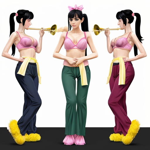 90's disney's 2d aladdin style comic dark blue background and panels of panel 1 a marching band of black haired ponytail women  with blue skin,blue harem pants red bra and red sash and red curved slippers and each playing an instrument while marching out of the remains of the belly bugle. 
Panel 2 followed by a giant black haired ponytail woman with green skin,green harem pants pink bra and pink curved slippers sash with cowbells who marches in front of a black haired ponytail woman with yellow skin, yellow harem pants, purple bra and purple sash and purple curved slippers . 
Panel 3 then the giant black haired ponytail woman with green skin,green harem pants pink bra and pink curved slippers sash with cowbells  who repeatedly steping and squishing on a black haired ponytail woman with yellow skin, yellow harem pants, purple bra and purple sash and purple curved slippers 
Panel 4 The black haired ponytail woman with yellow skin,yellow harem pants purple bra and purple sash and purple curved slippers eventually has enough and sneaks behind the giant black haired ponytail woman with green skin,green harem pants pink bra and pink sash and pink curved slippers 
panel 5 The black haired ponytail woman with yellow skin,yellow harem pants purple bra and purple sash and purple curved slippers then kicks the giant black haired ponytail woman with green skin,green harem pants pink bra and pink sash and pink curved slippers in the butt. 
Panel 6 then the giant black haired ponytail woman with green skin,green harem pants pink bra and pink sash and pink curved slippers split into three black haired ponytail women with big breast and hips green skin,green harem pants pink bra and pink sash and pink curved slippers. 