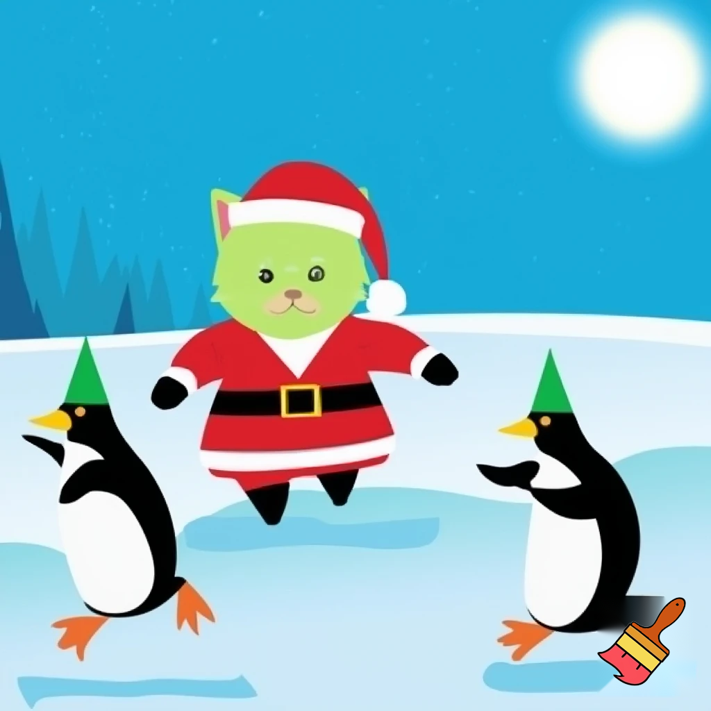 Santa clause dressed as a cat riding a raindeer in the north pole and the raindeer is chasing penguins wearing tinfoil hats
