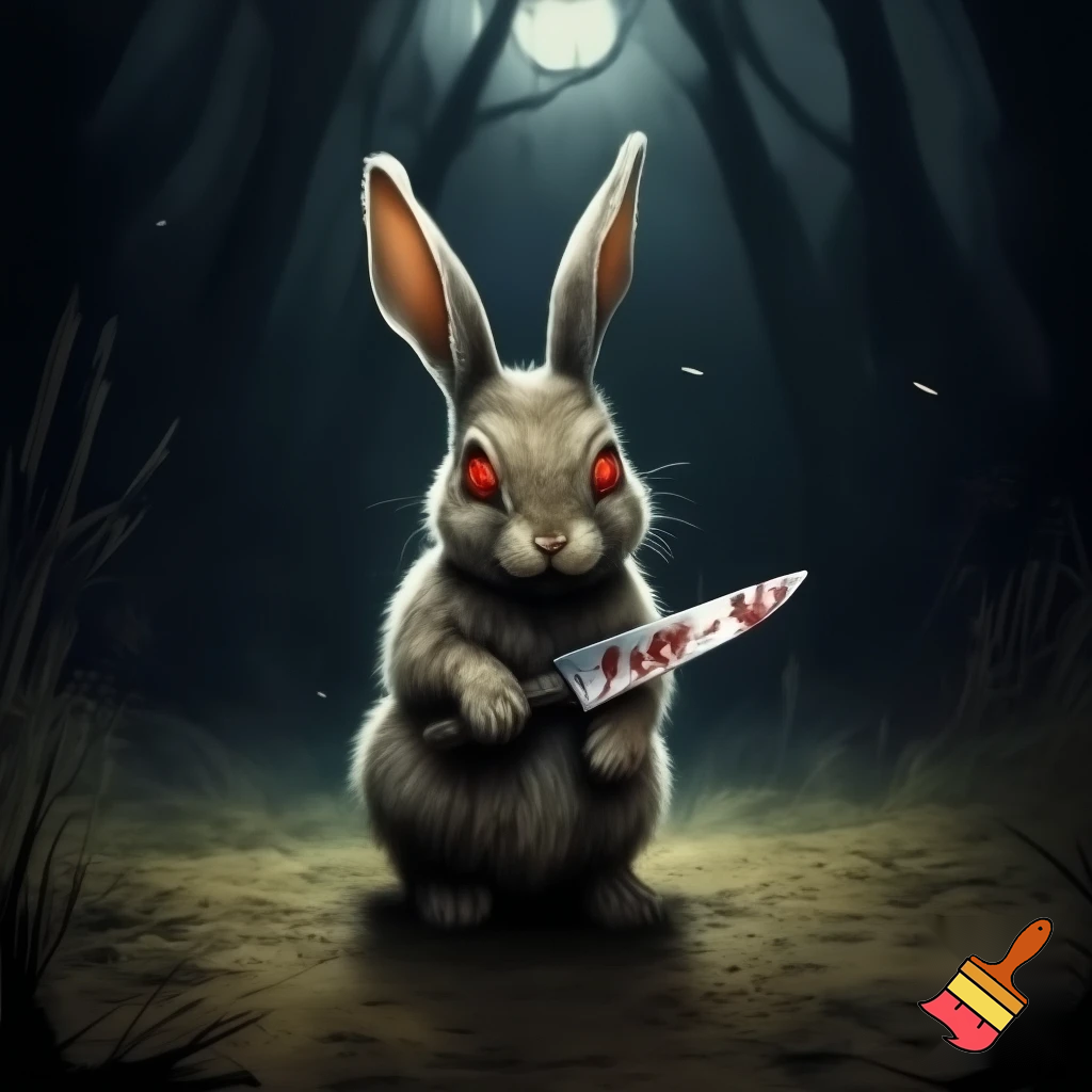 european rabbit, red eyes, bloody knife

