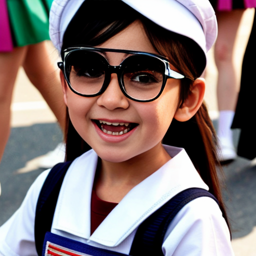 Cute adorable niña Chilindrina glasses con hair lazo con verano sailor uniforme escolar con zapatos negros escolar con calcetines blancos con sombrero sailor con grupal con caminar con desfile Estados Unidos América bandera con ciudad 17