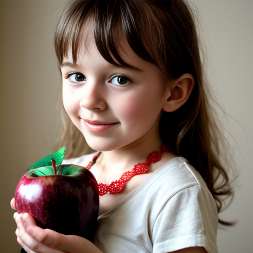 a little girl with a apple neeklace