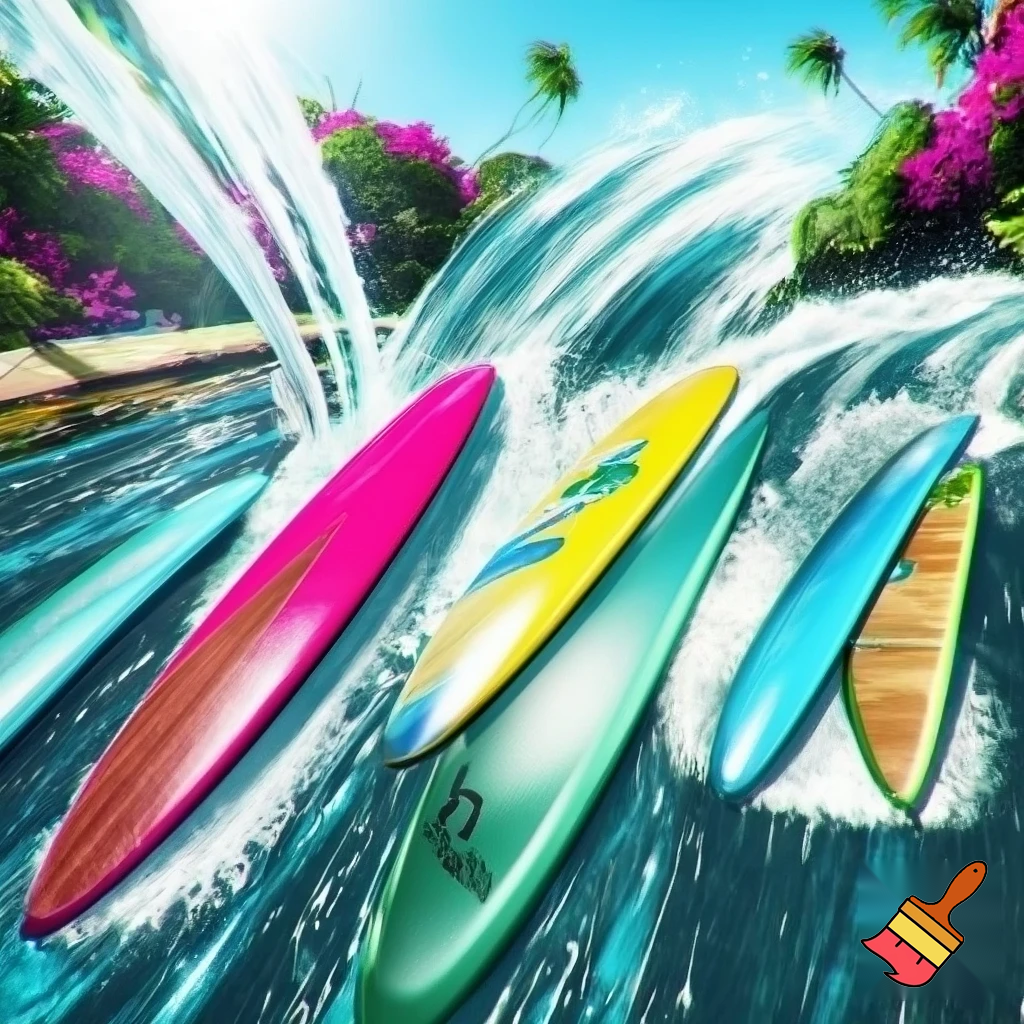 Create a river splash ride and make the boats look like different color surfboards with a Malibu vibe