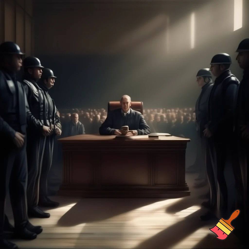 Un tribunal, un judecător, ciocanul, jandarmi, public, martori, inculpatul în boxa acuzaților.