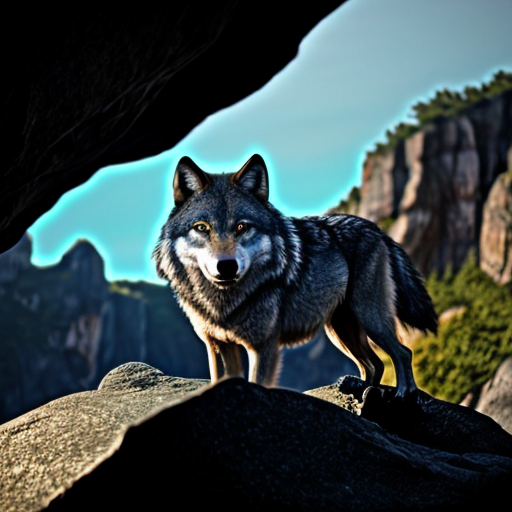 A wolf with glowing blue fur, glowing red eyes and gleaming fangs. The wolf is on the end of a rocky cliff with people coming towards him