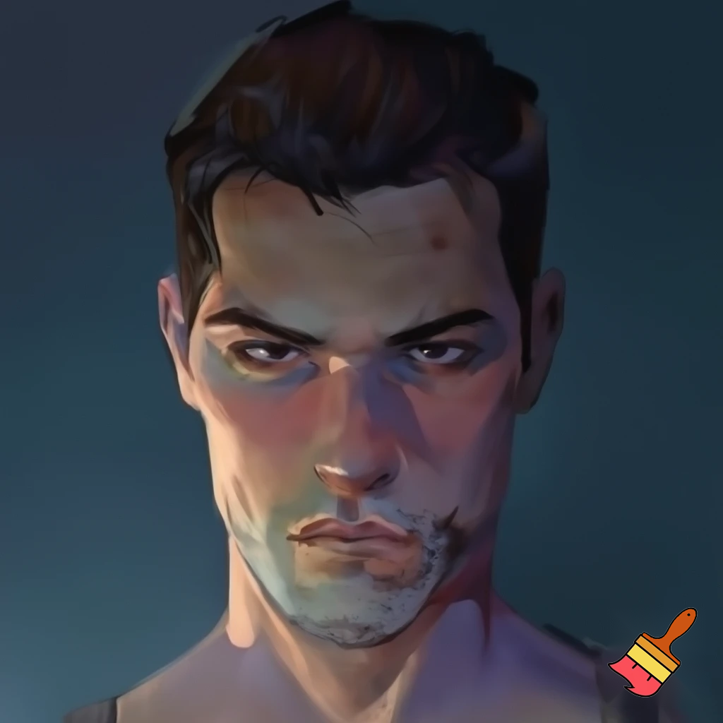 HANDSOME YOUNG MAN
 Age: 24 years old (at the beginning of the story) 

Appearance: 

Height/Build: Tall (about 190cm), athletic, powerful build bearing the marks of constant training and heavy armor. 

Hair: Dark brown, almost black, cropped short, but with an unruly strand falling over the forehead. There are the first, barely noticeable gray threads on the temples. 

Eyes: Dark brown, almost black. His gaze is heavy, piercing, accustomed to assessing the threat. In rare moments of peace, you can see fatigue and a shadow of the old warmth in them. 

Face: Sculpted, sharp features. A straight nose, a strong chin, thin lips that rarely stretch into a smile. His face is riddled with scars: the most noticeable one is on his jaw. 

Distinctive features: The habit of clenching his jaw in moments of tension; a scar on his jaw; a steely bearing that betrays a military man even without armor.