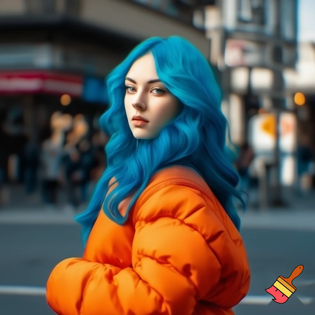 a girl with blue hair and a orenge jacket