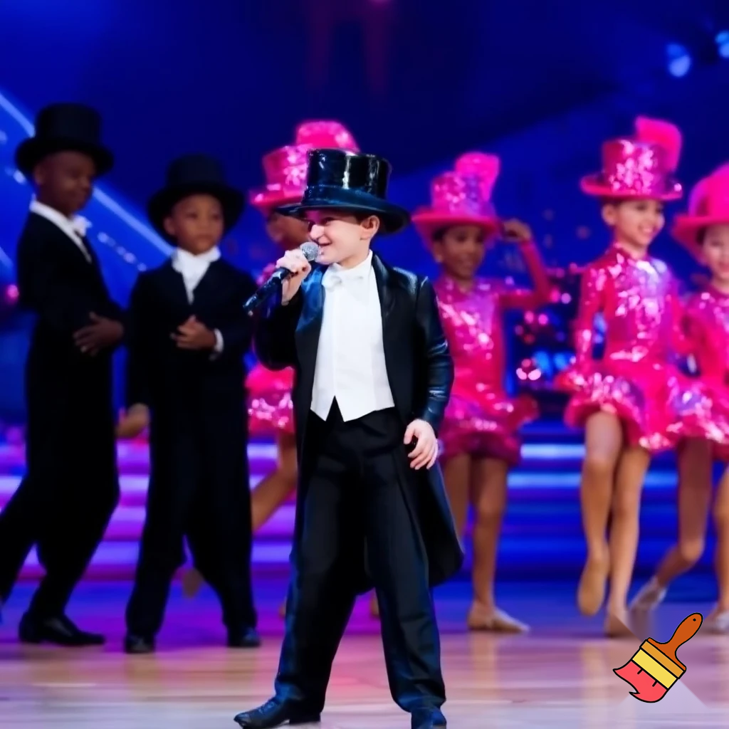 Preteen Boy in Shiny Black Top Hat White Bowtie Black Tailcoat Black Shiny Shoes Singing in Microphone on big Stage smiling. Behind him, two dancing boys in Shiny Black Top Hats and Tailcoats and two dancing Girls in Shiny Pink Hats and Sequined Pink Ballroom Dresses