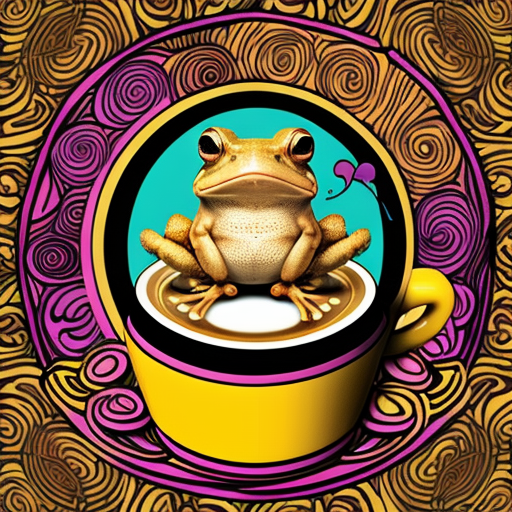 A hillarious, funny boho toad with some hippie colored coffee cups. Psychedelic decorated background.
