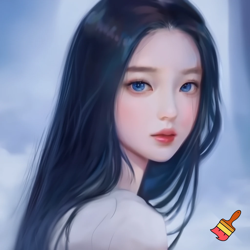 Female lead manhwa long black straight hair , ocean blue eyes, white skin ,red lips no lighting and no make up