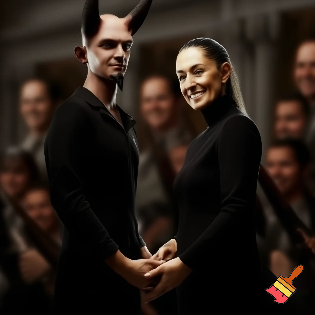claudia sheinbaum holding hands with the devil and smiling, full body, and deep down people smiling with long weapons