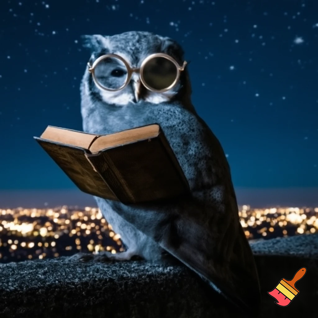 Búho erudito llamado PlumaSabia, con plumaje gris azulado y motas doradas. Lleva gafas redondas metálicas y sostiene un libro viejo bajo un ala. Está posado en un tejado nocturno con estrellas y luces de la ciudad al fondo. Estilo ilustración elegante, atmosférica, con detalles finos y tono sabio.”

Si quieres, también puedo: