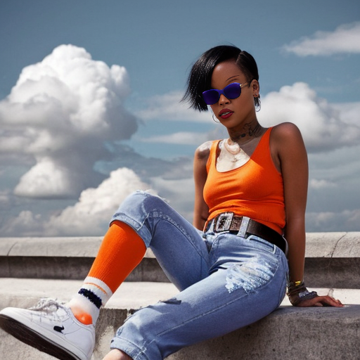 Rihanna orange tanktop belt blue short jeans purple socks orange and white sneakers on a sitting Cloud in the Sky