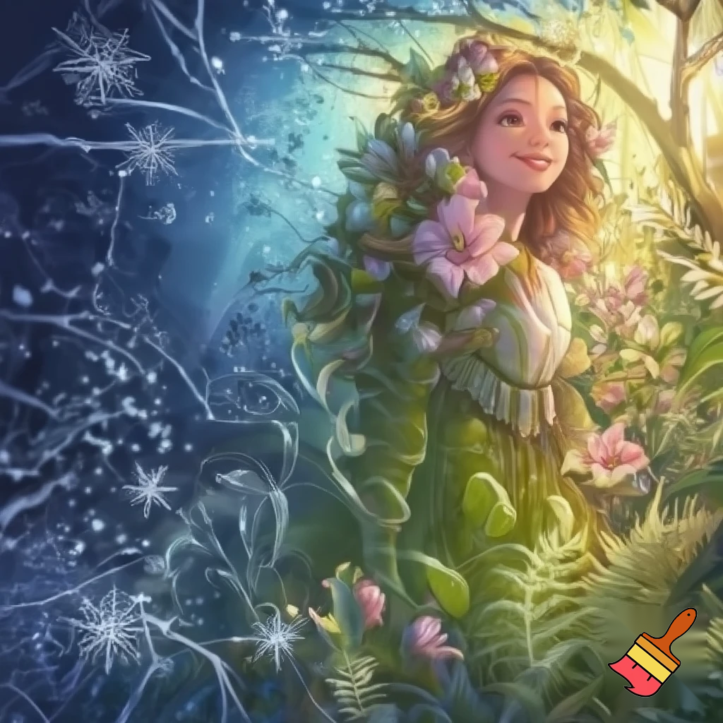  Зима сказочная плавно растворяется и переходит в девушку Весну, природа фэнтези, сказочно, волшебно

