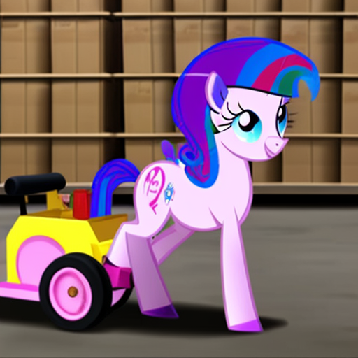 My Little Pony: Friendship is Magic: Pinkie Pie, who is tired, is pulling a horse drawn vehicle, hauling lots of fuel bottles from the Depot. She is at the Depot.