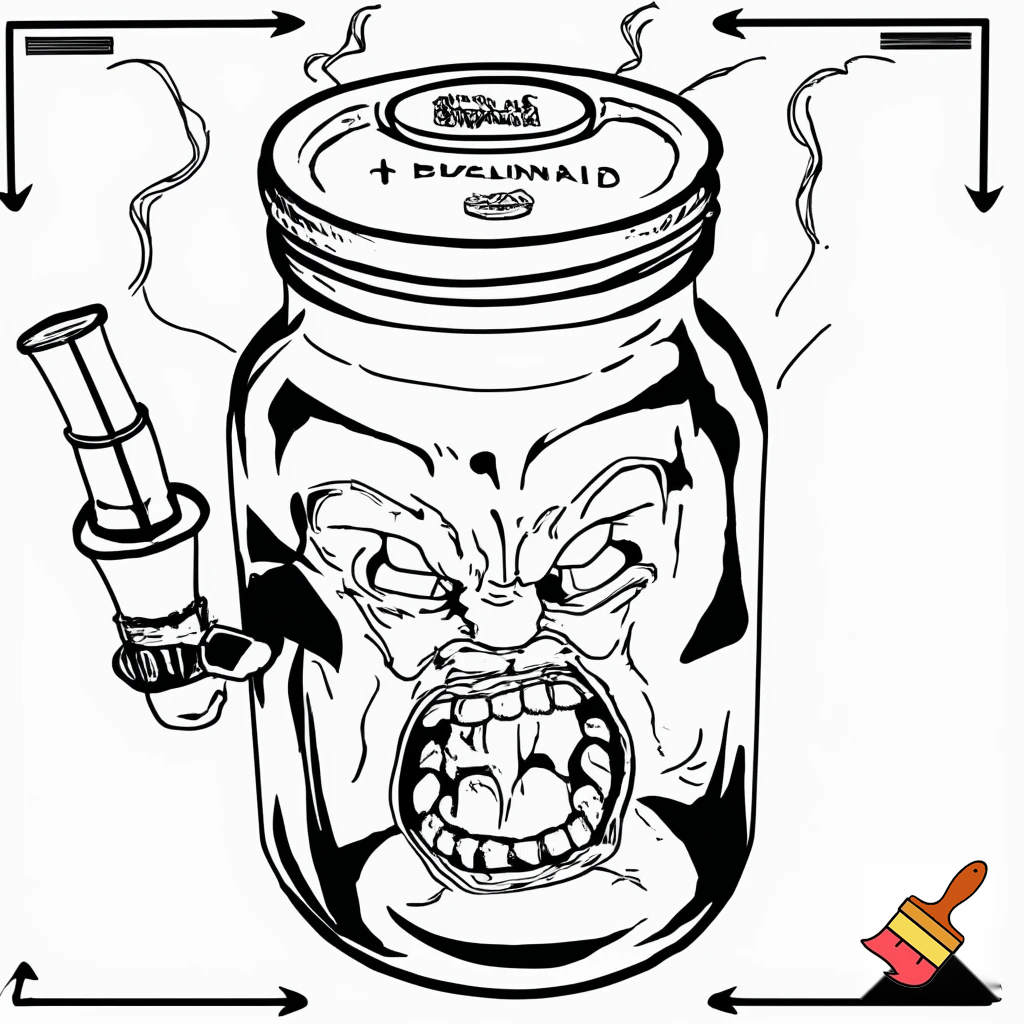 "A black and white diagram of a mason jar water pipe, with labels for 'MOUTHPIECE', 'DOWNSPOUT', 'BOWL HOLE', and 'MASON JAR'. The jar has an extremely angry, seething face with an open, shouting mouth, conveying intense, boiling rage that is trying to break free from the diagram's constraints."