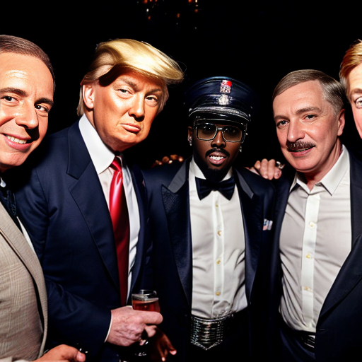 Jeffery epstein, Adolf hitler, sean diddy combs, stephen hawking, charlie kirk and donald trump having party at mansion. realistic and make them look right
