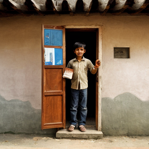 “honest boy knocking on rich man’s house door, holding wallet, simple village background”
